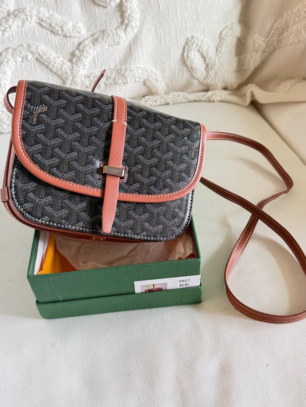 Black Patterned Crossbody Bag with tan trim